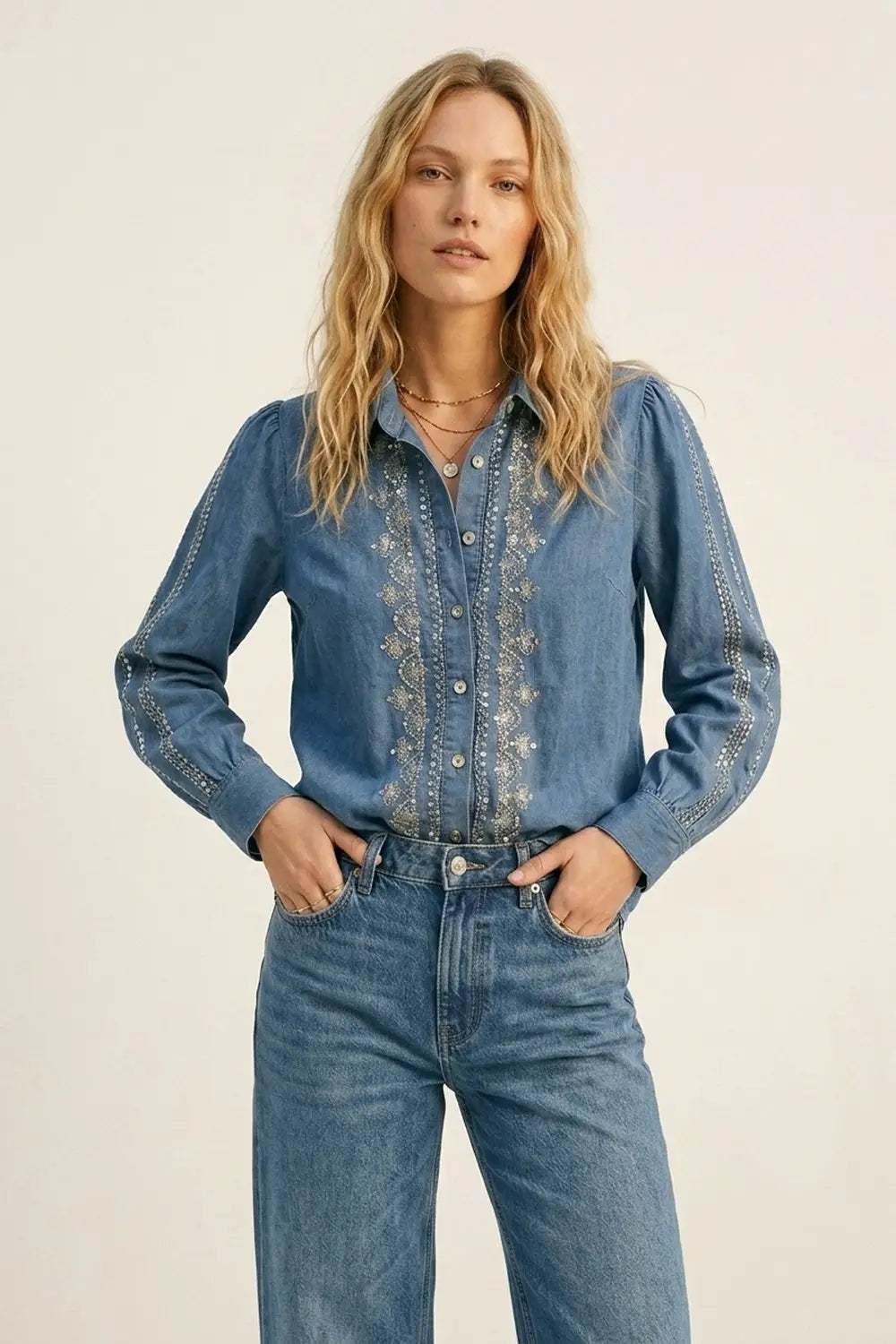 Q2 Blue Denim Shirt with Embroidered Trim and Long Sleeves