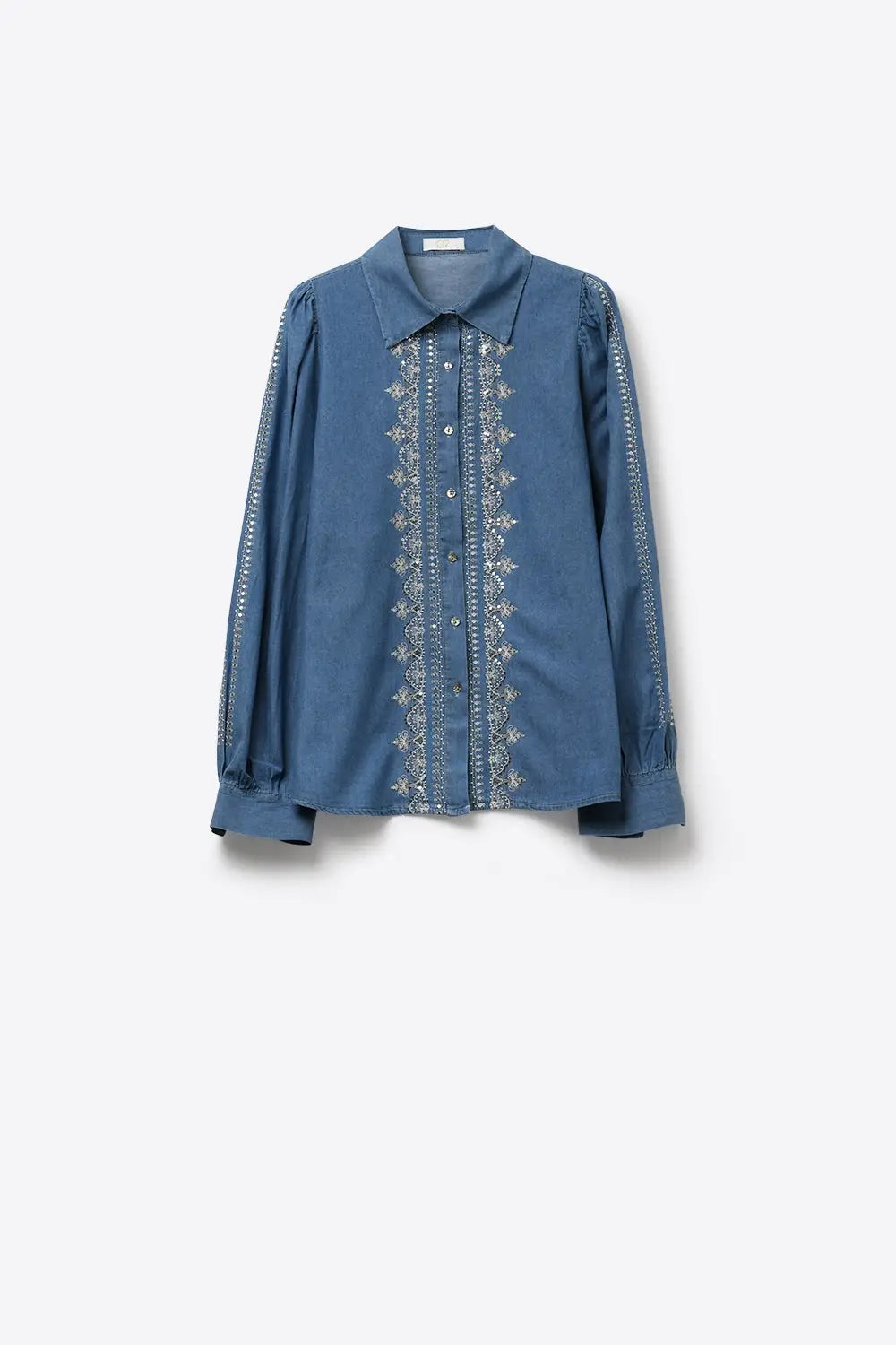 Blue Denim Shirt with Embroidered Trim and Long Sleeves - Shirts