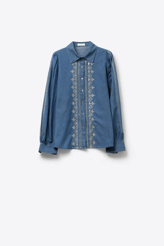 Blue Denim Shirt with Embroidered Trim and Long Sleeves - Shirts