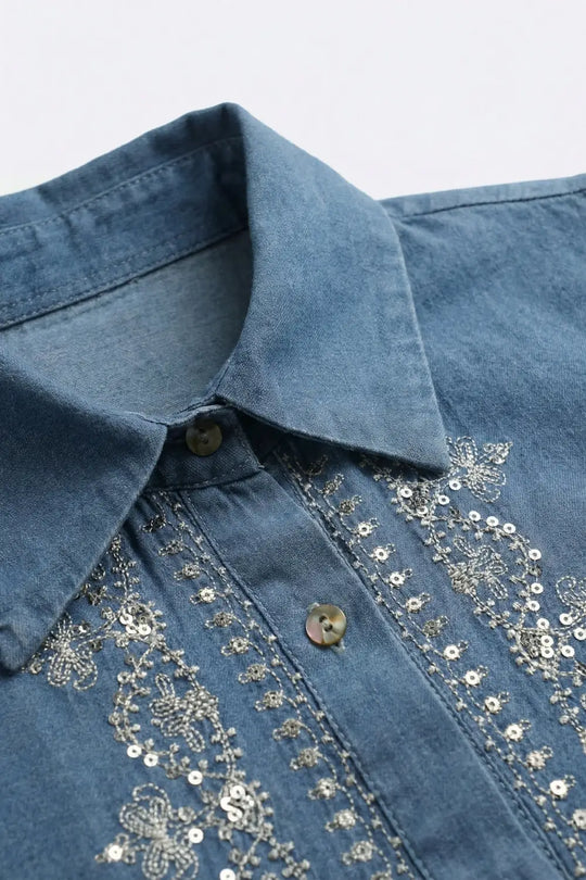 Blue Denim Shirt with Embroidered Trim and Long Sleeves - Shirts