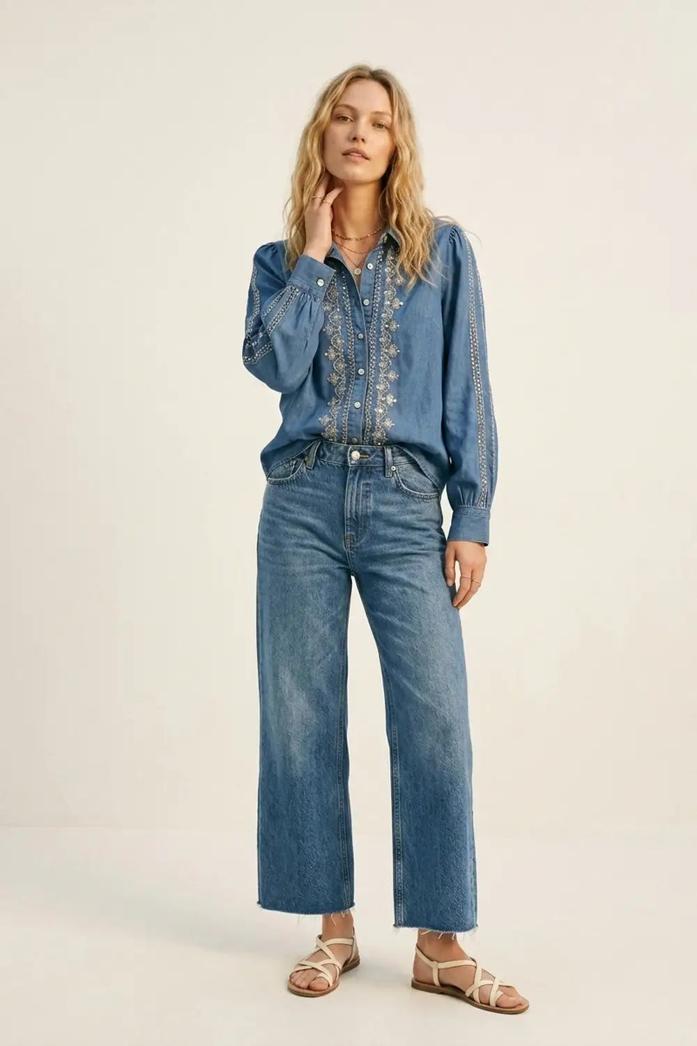 Blue Denim Shirt with Embroidered Trim and Long Sleeves - Shirts