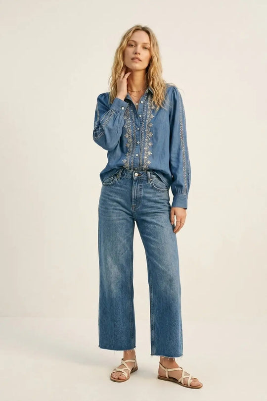 Blue Denim Shirt with Embroidered Trim and Long Sleeves - Shirts