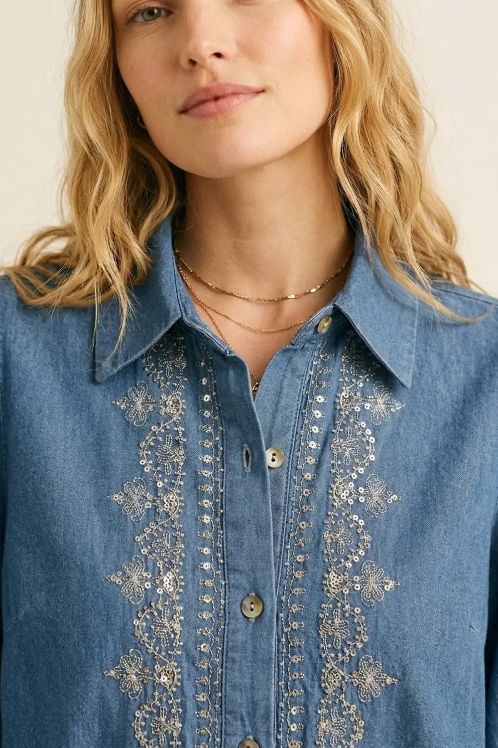 Blue Denim Shirt with Embroidered Trim and Long Sleeves - Shirts
