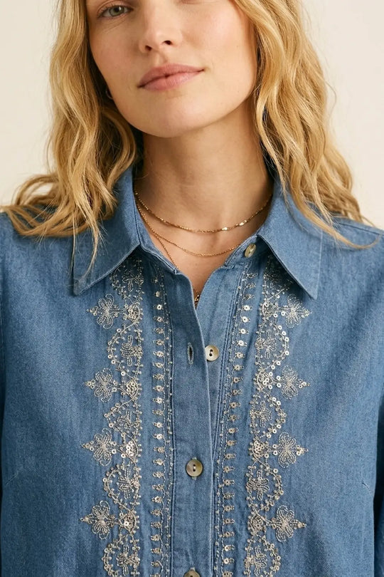 Blue Denim Shirt with Embroidered Trim and Long Sleeves - Shirts