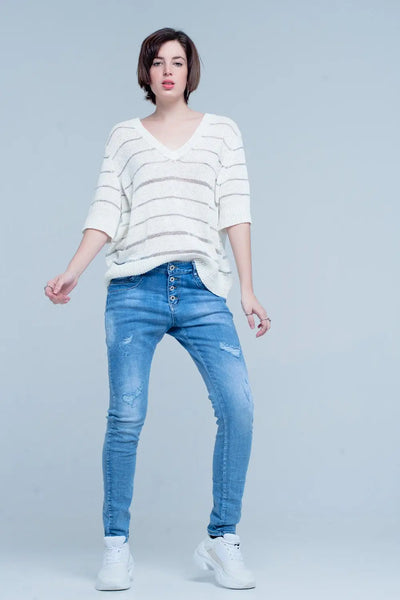 Blue Distressed Boyfriend Jeans - Jeans