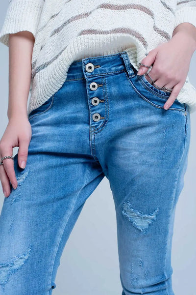 Blue Distressed Boyfriend Jeans - Jeans