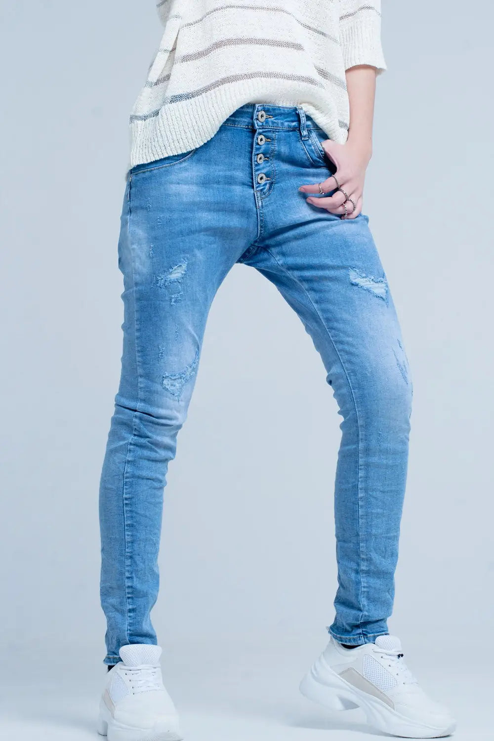 Blue Distressed Boyfriend Jeans - Jeans