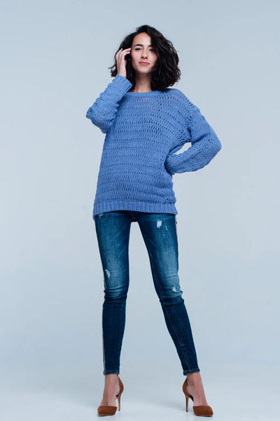Blue Dropstitch Knitted Sweater - Sweaters