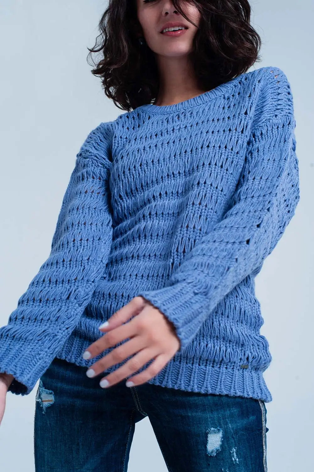 Blue Dropstitch Knitted Sweater - Sweaters