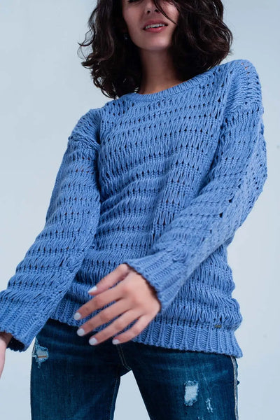 Blue Dropstitch Knitted Sweater - Sweaters
