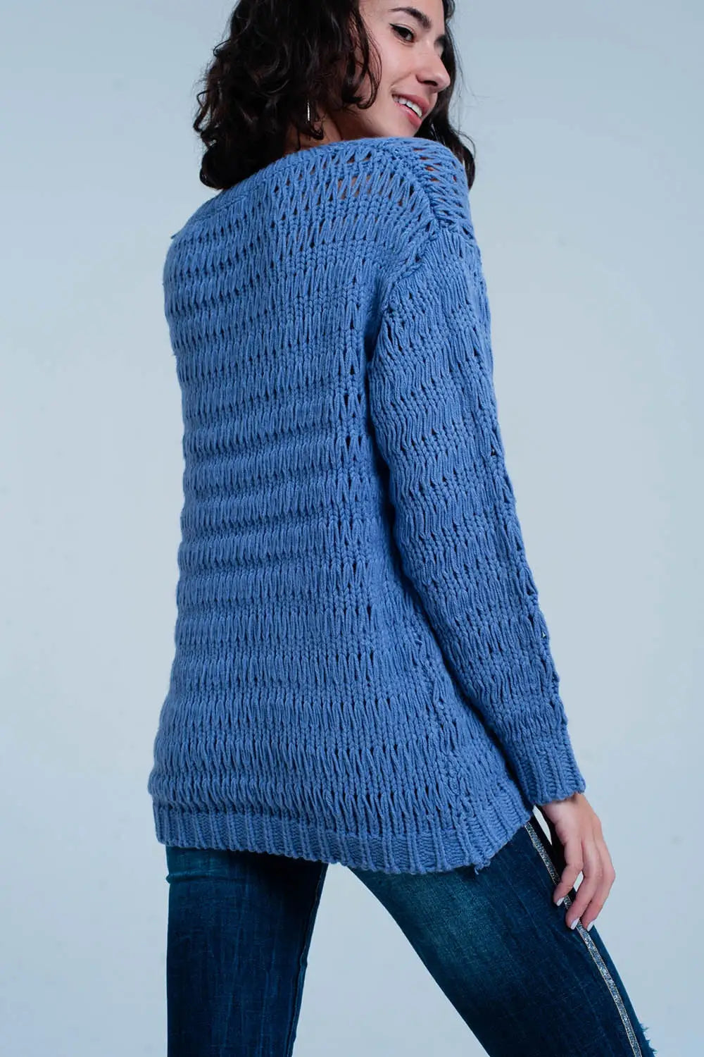 Blue Dropstitch Knitted Sweater - Sweaters