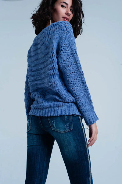 Blue Dropstitch Knitted Sweater - Sweaters