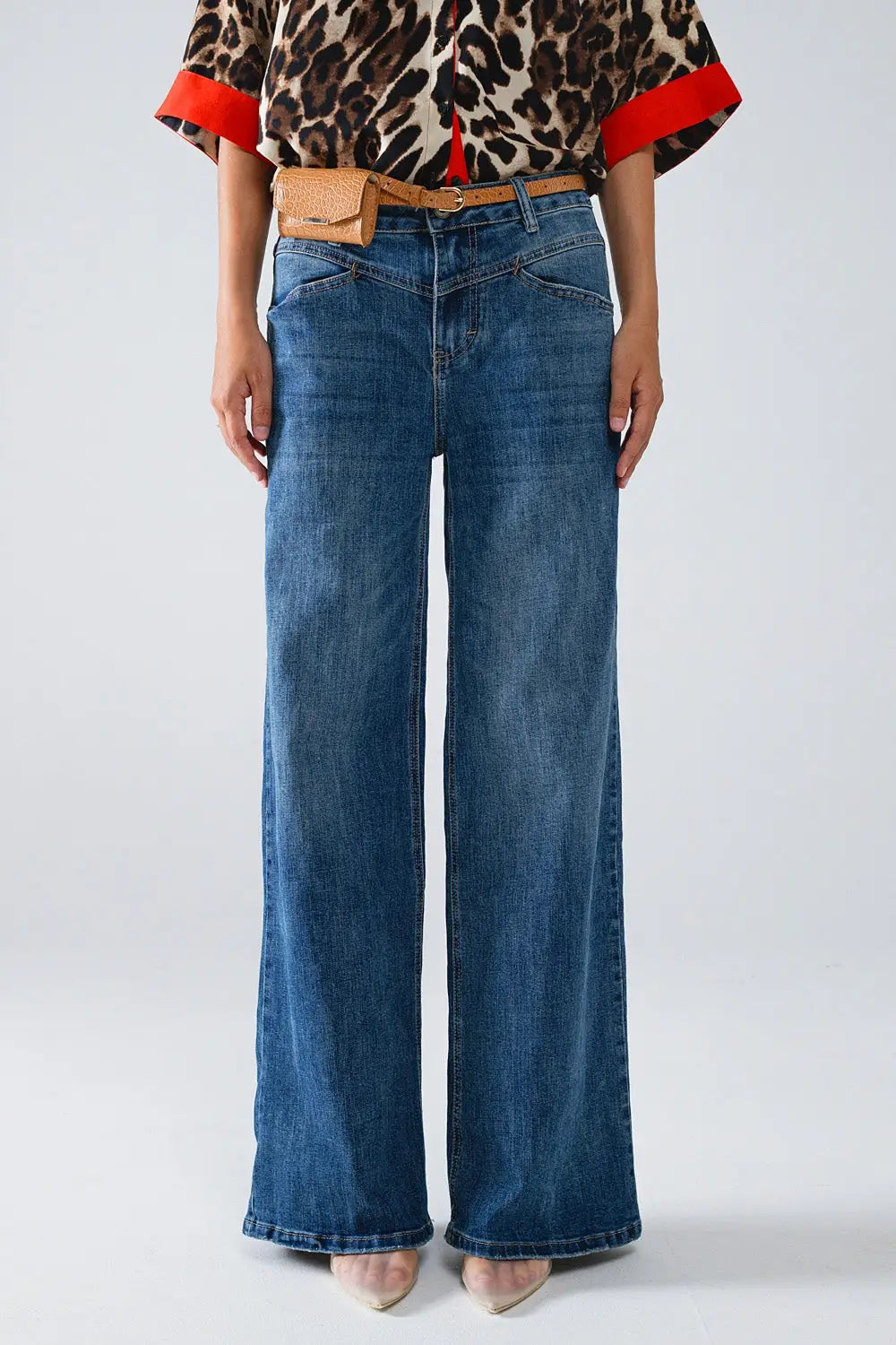 Q2 Blue Flare Jeans With Stitching Detail