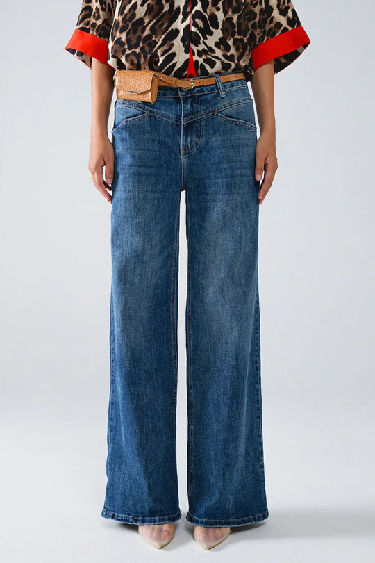 Q2 Blue Flare Jeans With Stitching Detail