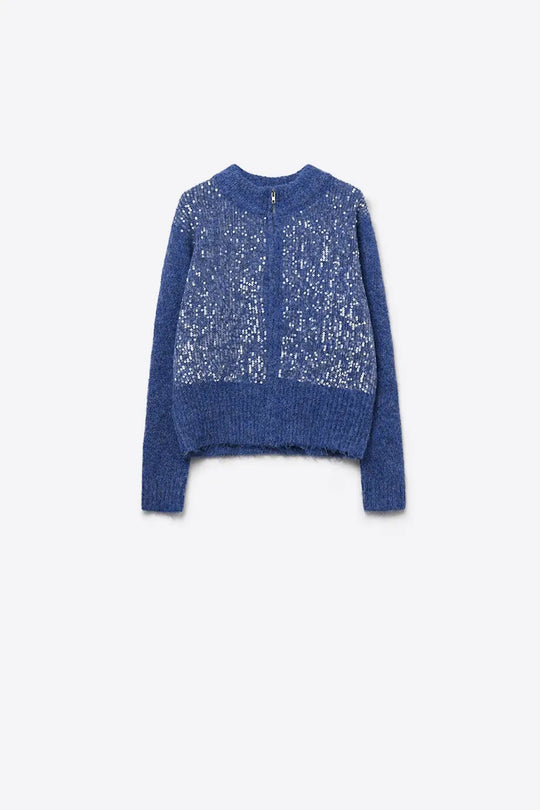 Q2 Blue fluffy knit cardigan with sequins and zipper closure