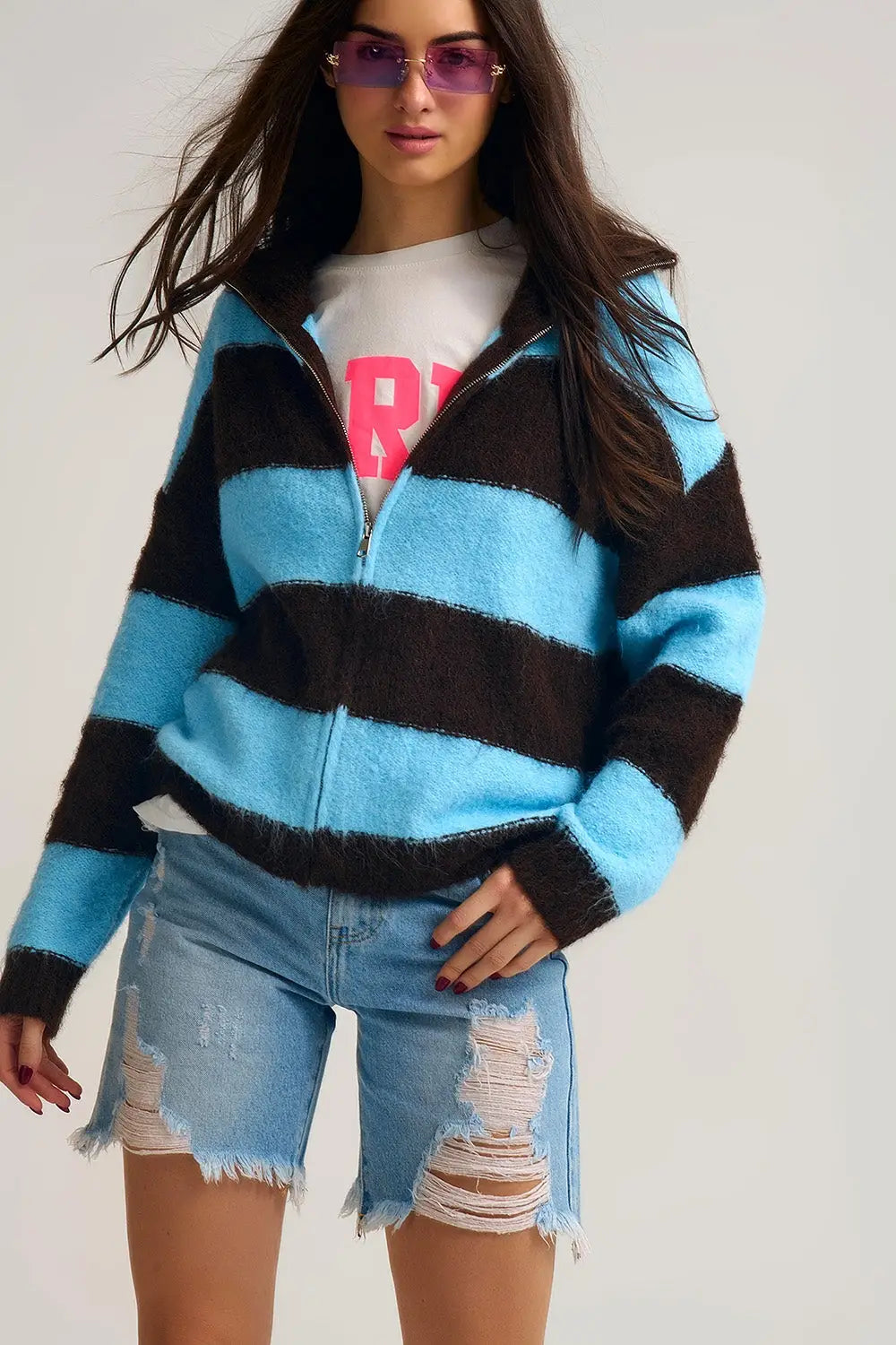 Blue Fluffy Knitted Zip-Up Jacket with Brown Stripes - One Size / Blue - Sweaters