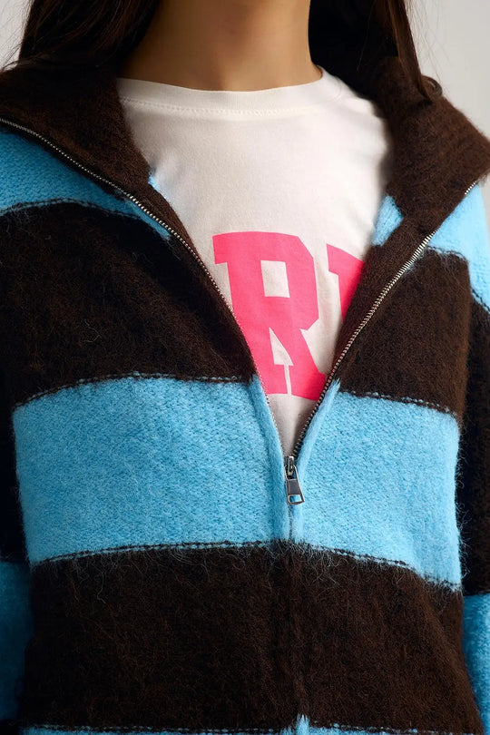 Blue Fluffy Knitted Zip-Up Jacket with Brown Stripes - One Size / Blue - Sweaters