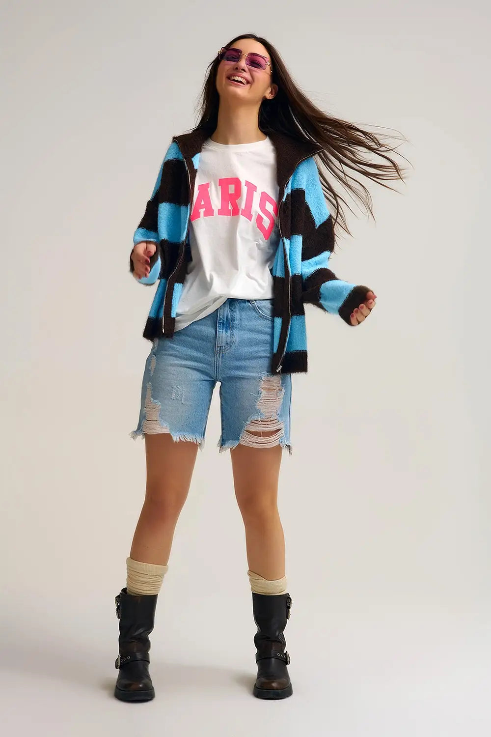 Blue Fluffy Knitted Zip-Up Jacket with Brown Stripes - One Size / Blue - Sweaters