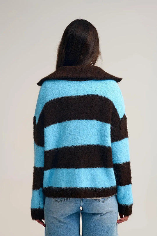 Blue Fluffy Knitted Zip-Up Jacket with Brown Stripes - One Size / Blue - Sweaters