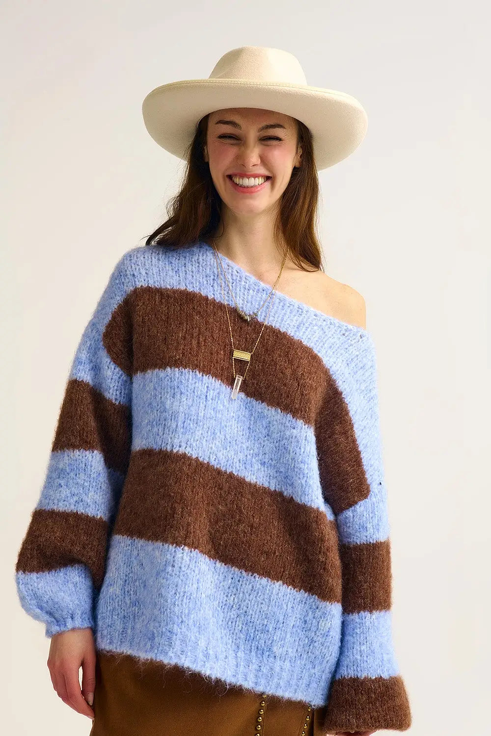 Q2 Blue Fluffy Striped Knit Sweater with Balloon Sleeves
