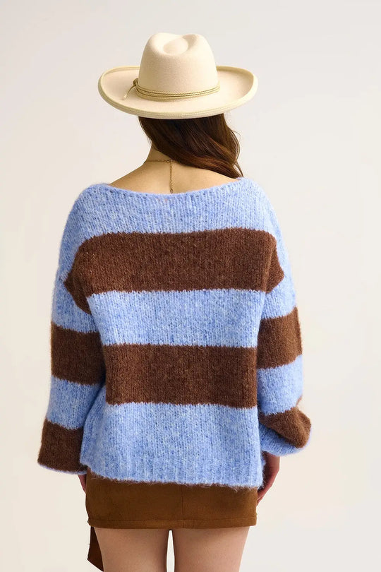 Blue Fluffy Striped Knit Sweater with Balloon Sleeves - One Size / Blue - Sweaters