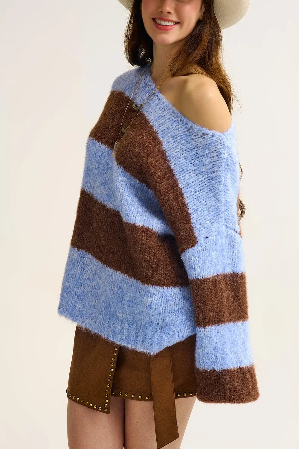 Blue Fluffy Striped Knit Sweater with Balloon Sleeves - One Size / Blue - Sweaters