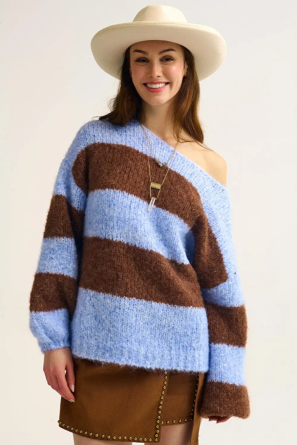 Blue Fluffy Striped Knit Sweater with Balloon Sleeves - One Size / Blue - Sweaters