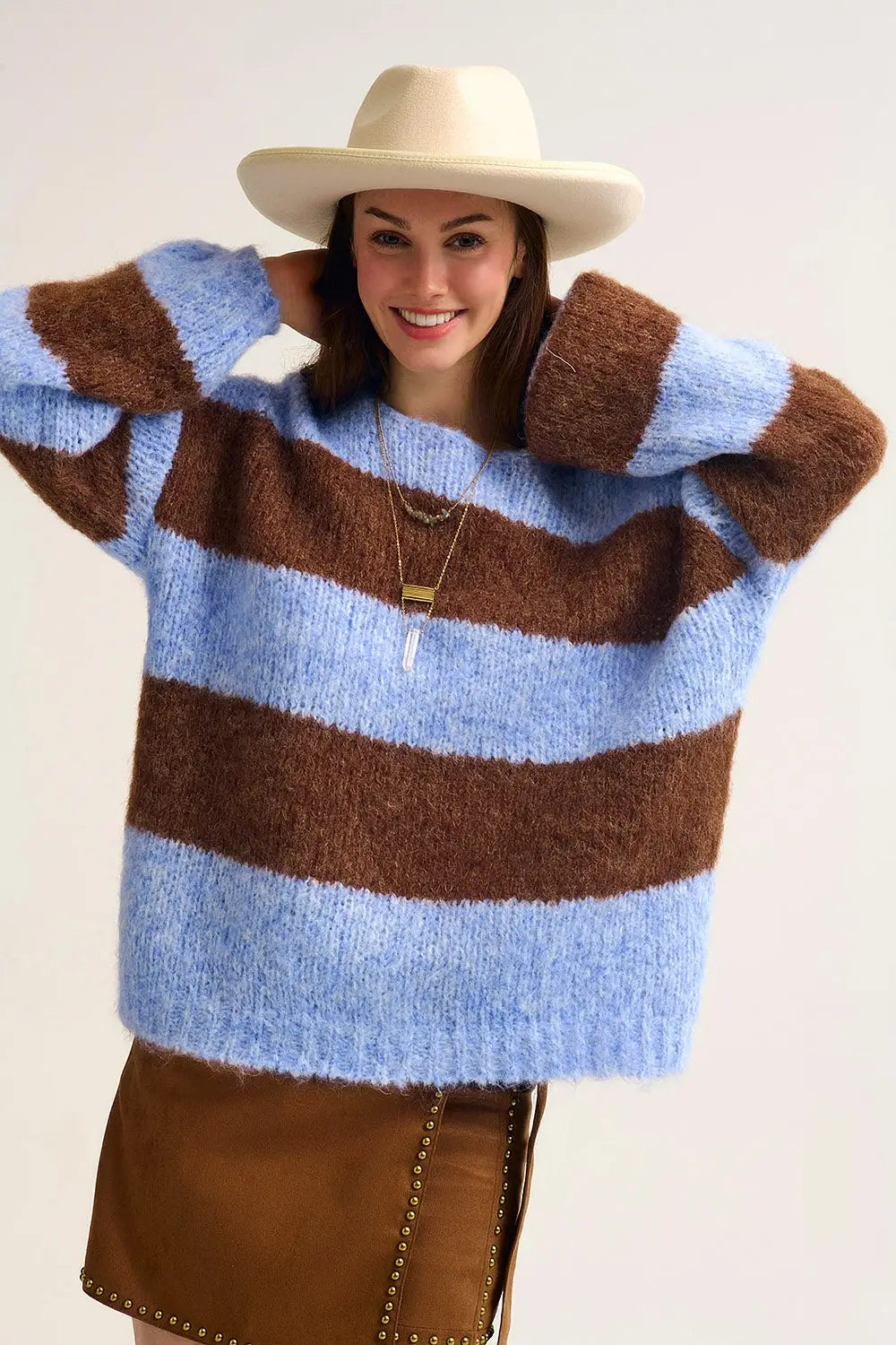 Blue Fluffy Striped Knit Sweater with Balloon Sleeves - One Size / Blue - Sweaters