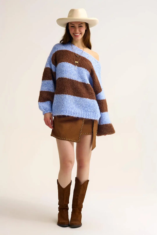 Blue Fluffy Striped Knit Sweater with Balloon Sleeves - One Size / Blue - Sweaters