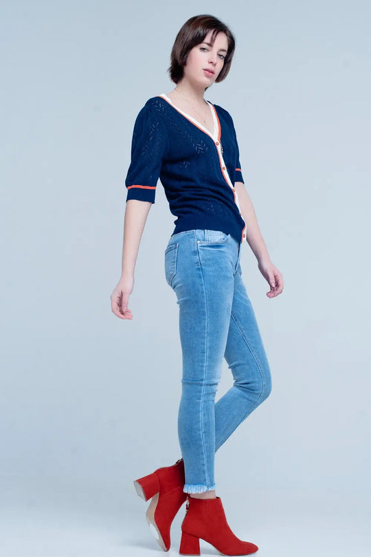 Blue Fringed Skinny Jeans - Jeans