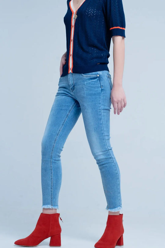 Blue Fringed Skinny Jeans - Jeans