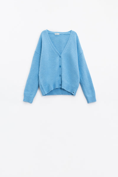 Blue knit cardigan with wide V-neck and button closure