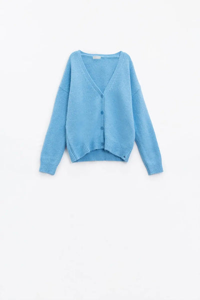 Blue knit cardigan with wide V-neck and button closure - Sweaters