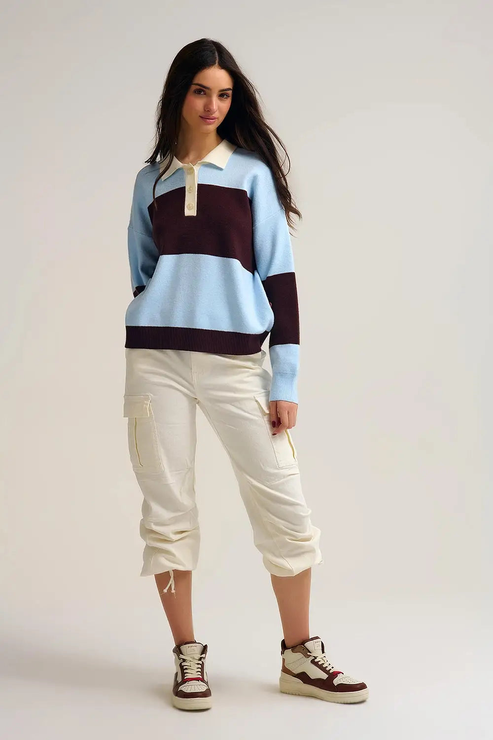 Blue Knit Polo Sweater with Brown Stripes - One Size / Blue - Sweaters