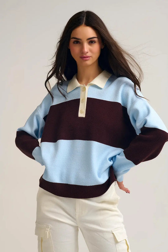 Blue Knit Polo Sweater with Brown Stripes - One Size / Blue - Sweaters