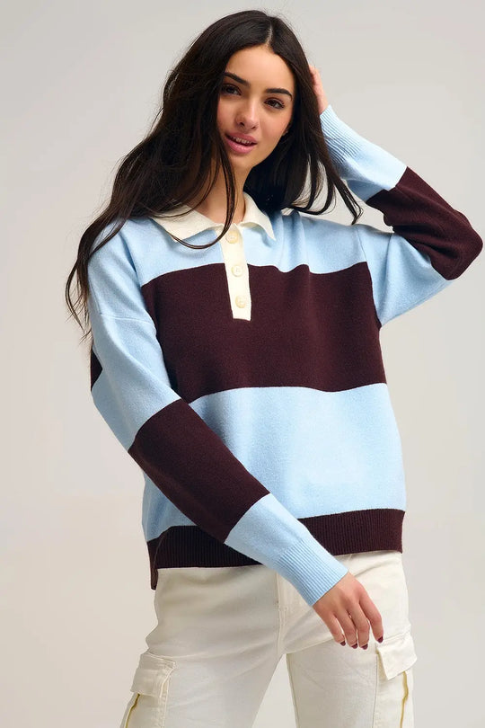 Blue Knit Polo Sweater with Brown Stripes - One Size / Blue - Sweaters