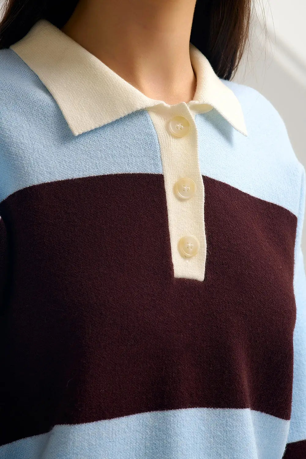 Blue Knit Polo Sweater with Brown Stripes - One Size / Blue - Sweaters