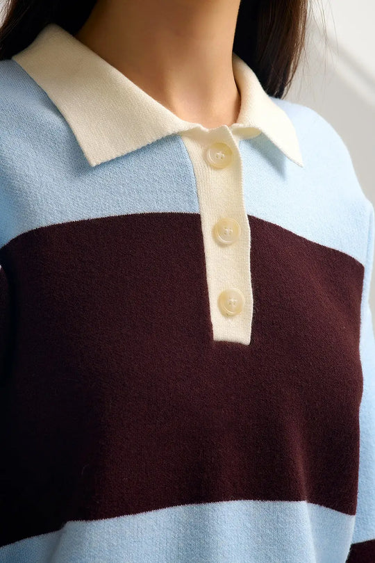 Blue Knit Polo Sweater with Brown Stripes - One Size / Blue - Sweaters