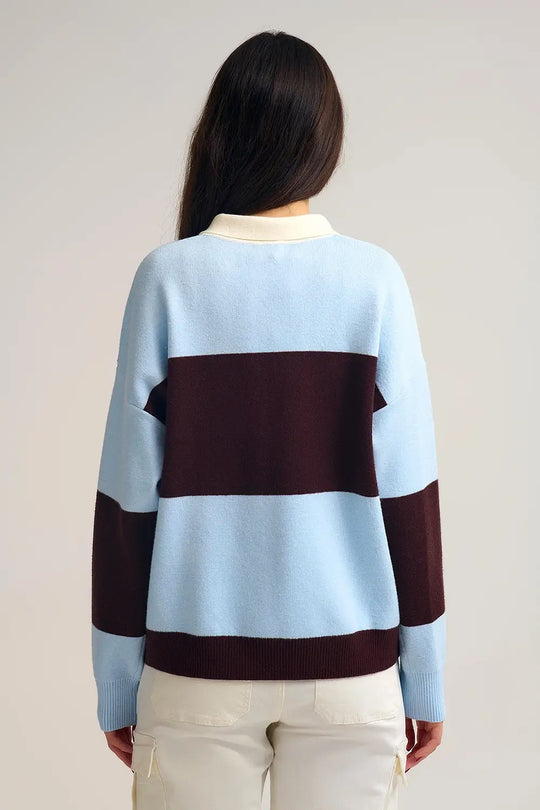 Blue Knit Polo Sweater with Brown Stripes - One Size / Blue - Sweaters