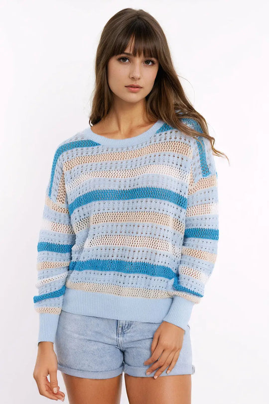 Blue knit sweater with blue and White stripes - Sweaters