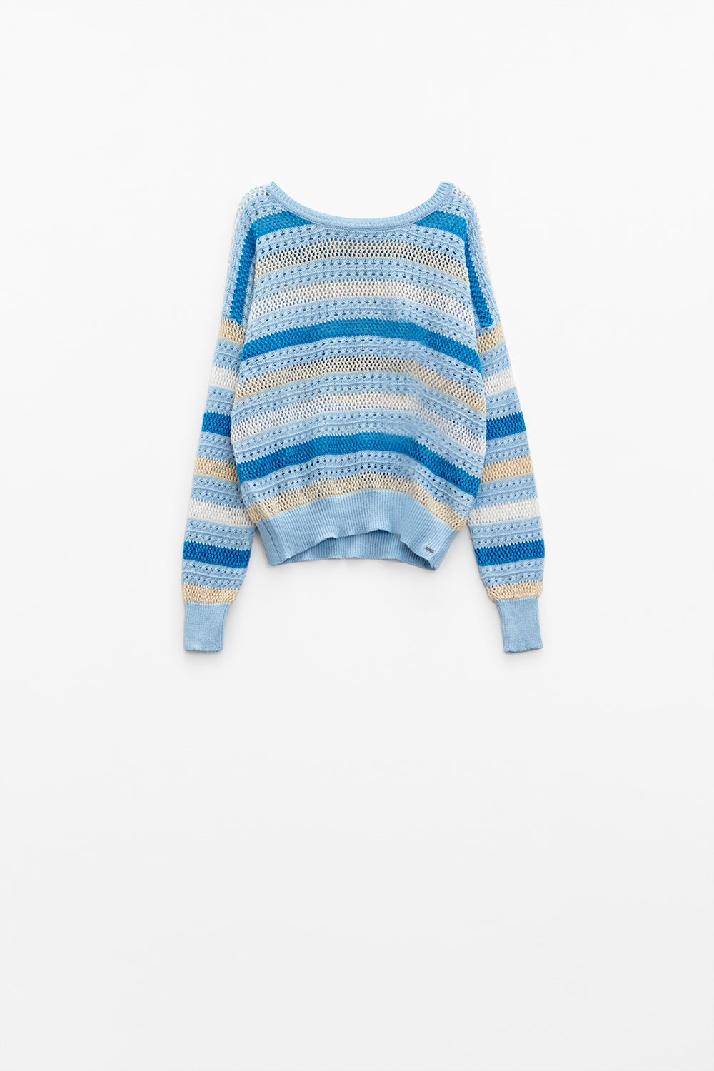 Blue knit sweater with blue and White stripes