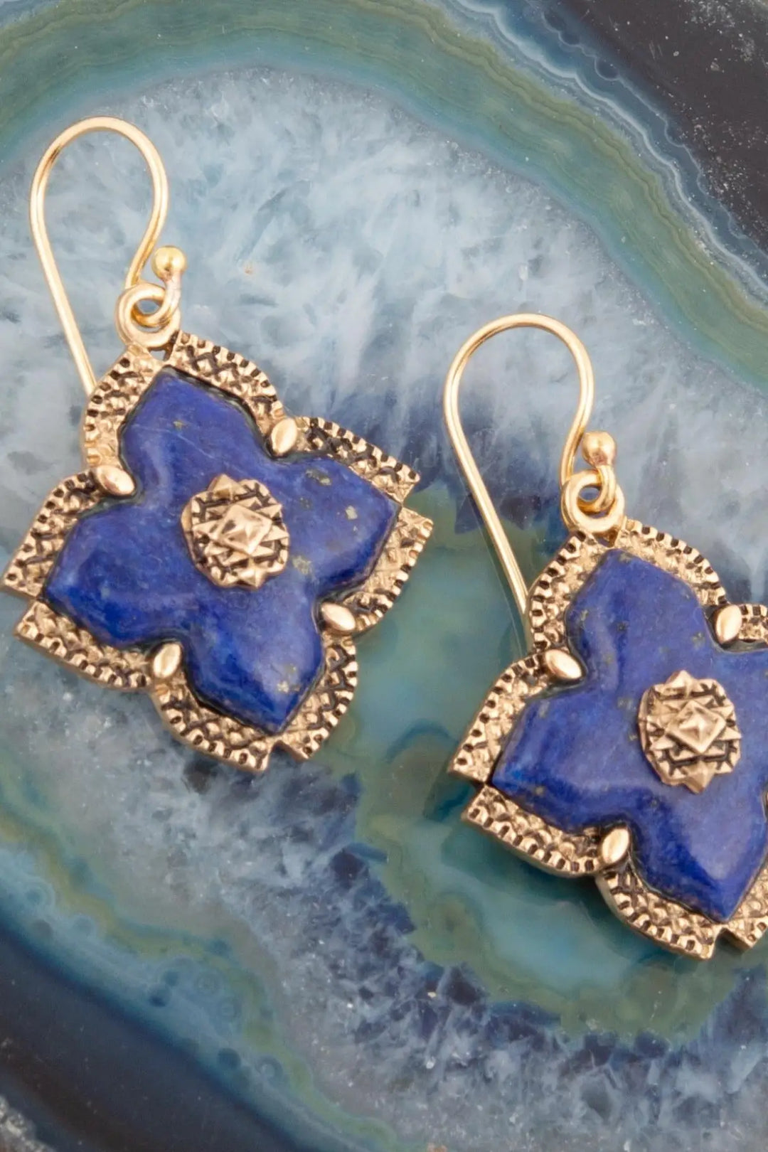Blue Lapis Maltese Golden Cross Drop Earrings - Earrings