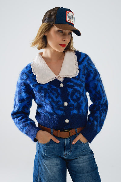 Q2 blue leopard print cardigan made of knitted fabric with wool