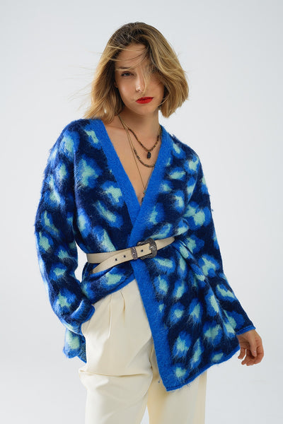 Q2 Blue Leopard print cardigan with wool