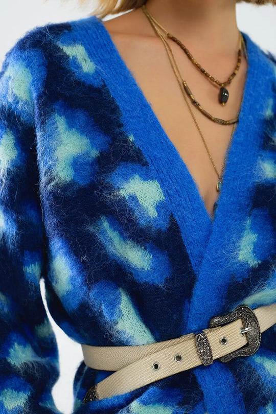 Blue Leopard print cardigan with wool - One Size / Blue - Sweaters