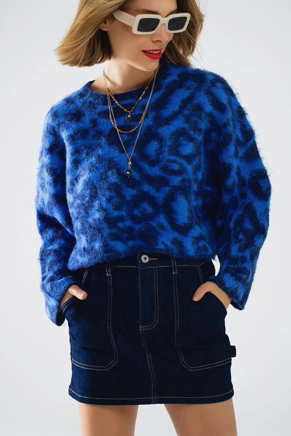 Blue Leopard print sweater made of knitted fabric with wool - One Size / Blue - Sweaters