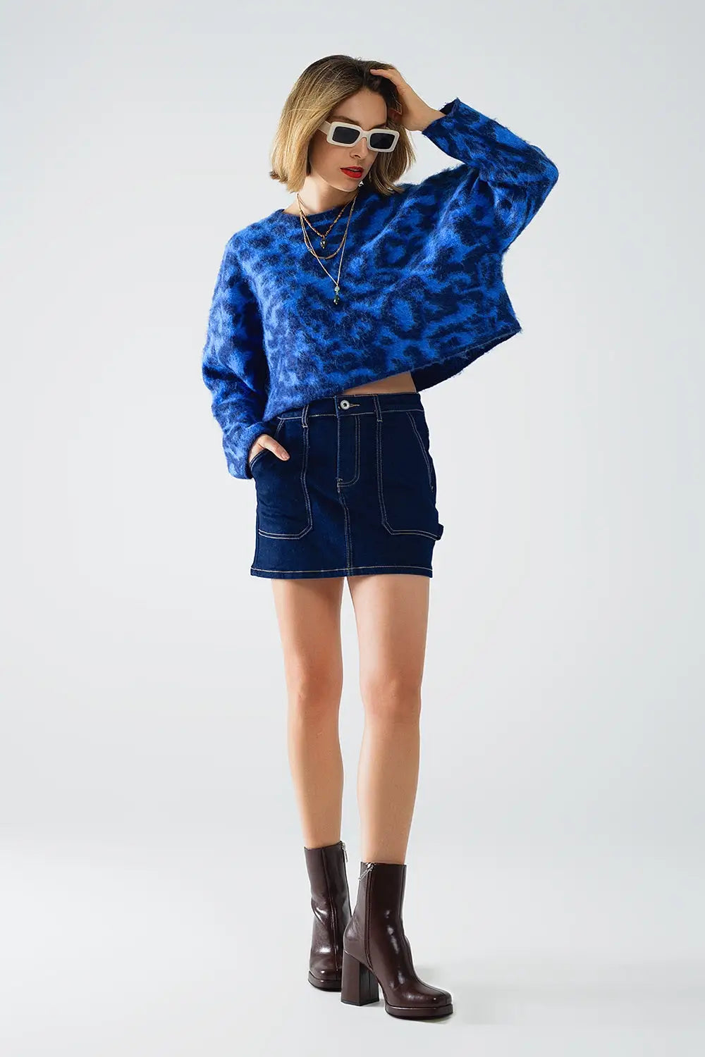 Blue Leopard print sweater made of knitted fabric with wool - One Size / Blue - Sweaters
