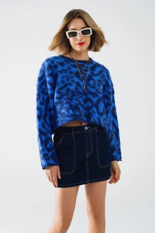 Blue Leopard print sweater made of knitted fabric with wool - One Size / Blue - Sweaters