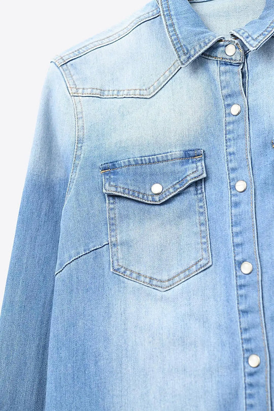Blue Light Wash Denim Shirt with Button-Down Front - Shirts