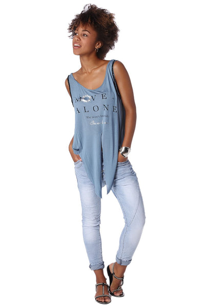 Blue logo tank top with center split